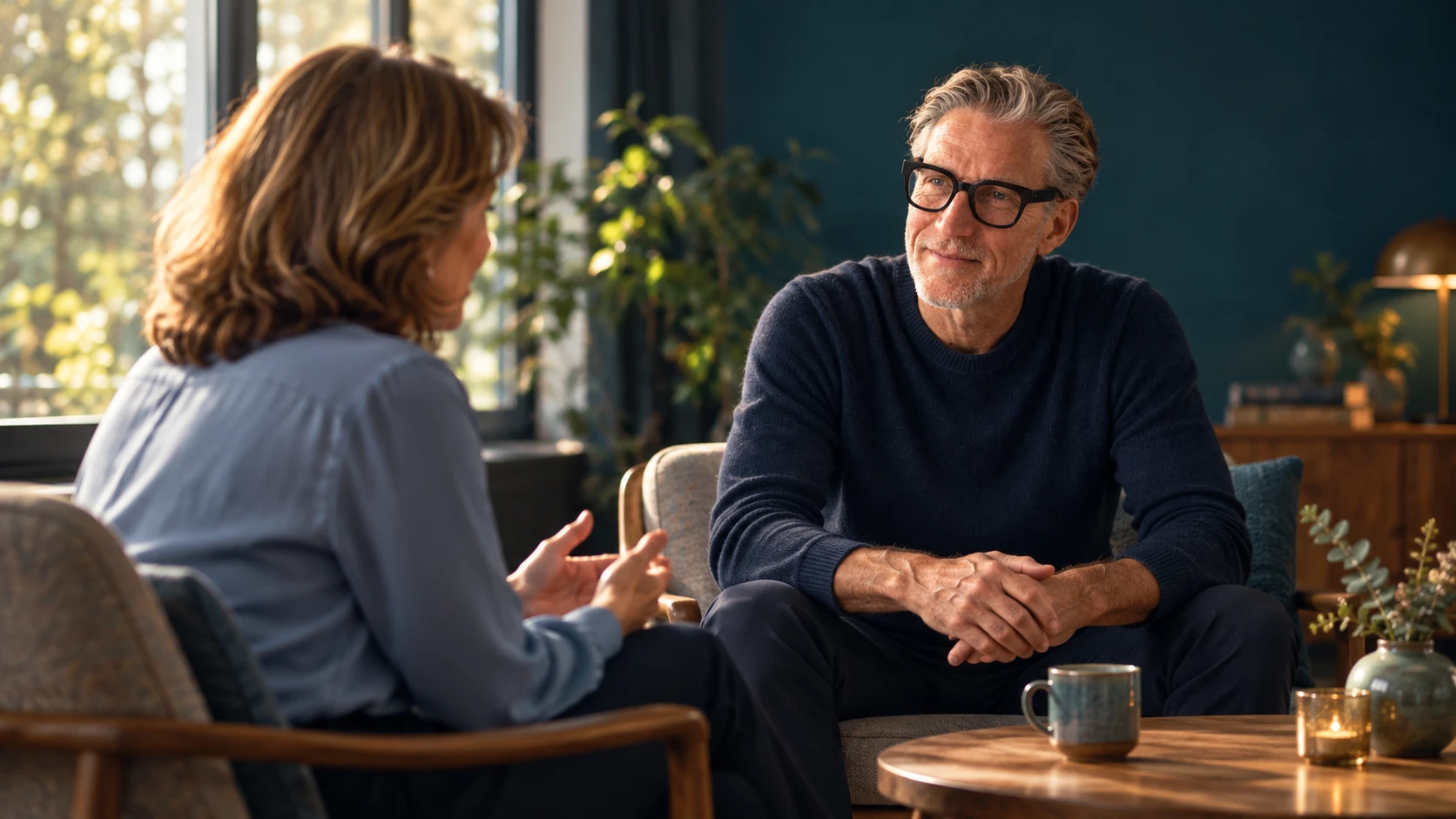 Ivo listening attentively during a personal conversation in a calm, welcoming setting
